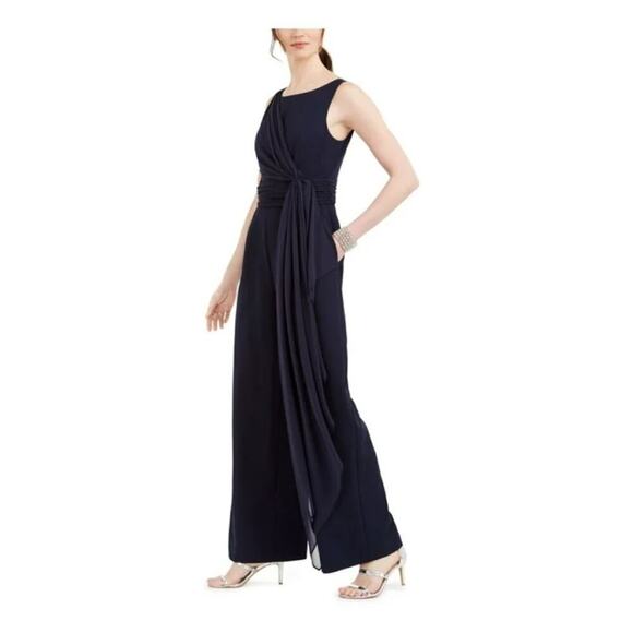 Eliza J Navy Ruffled Chiffon Draped Sleeveless Evening Wide Leg Jumpsuit Size 6 - Picture 1 of 12